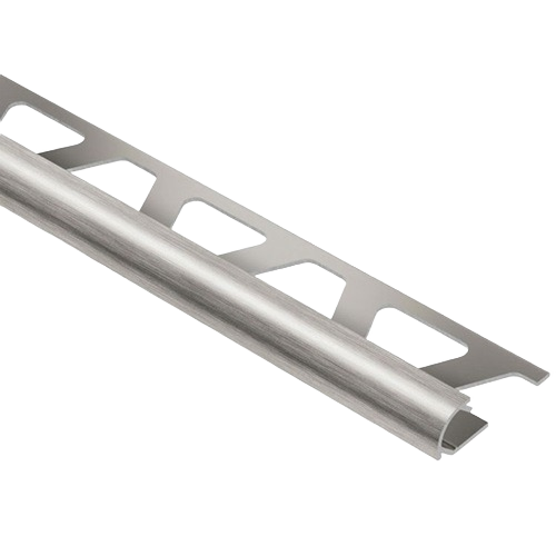 Brushed nickel anodized aluminum tile edge trim with perforated flange for clean finish in home improvement projects