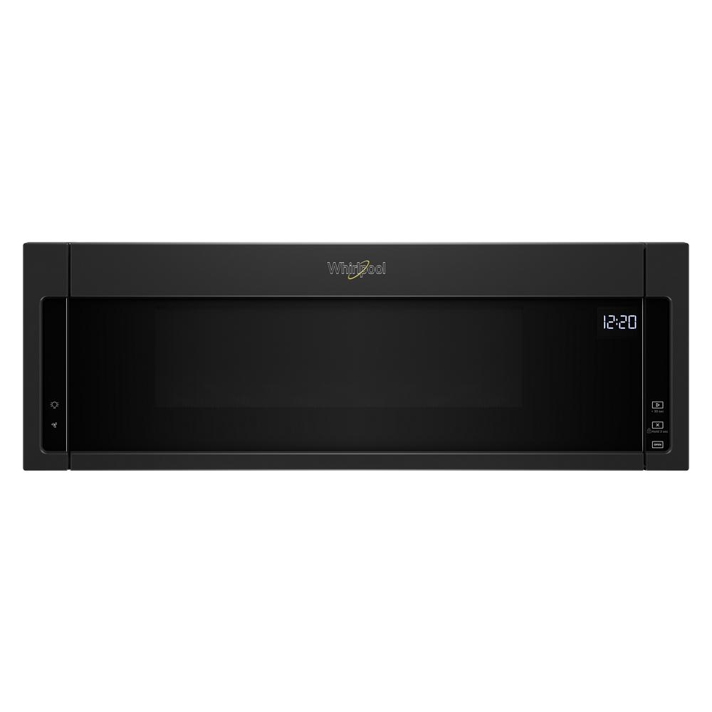 Black low profile over-the-range microwave hood combination with digital clock in kitchen appliances collection