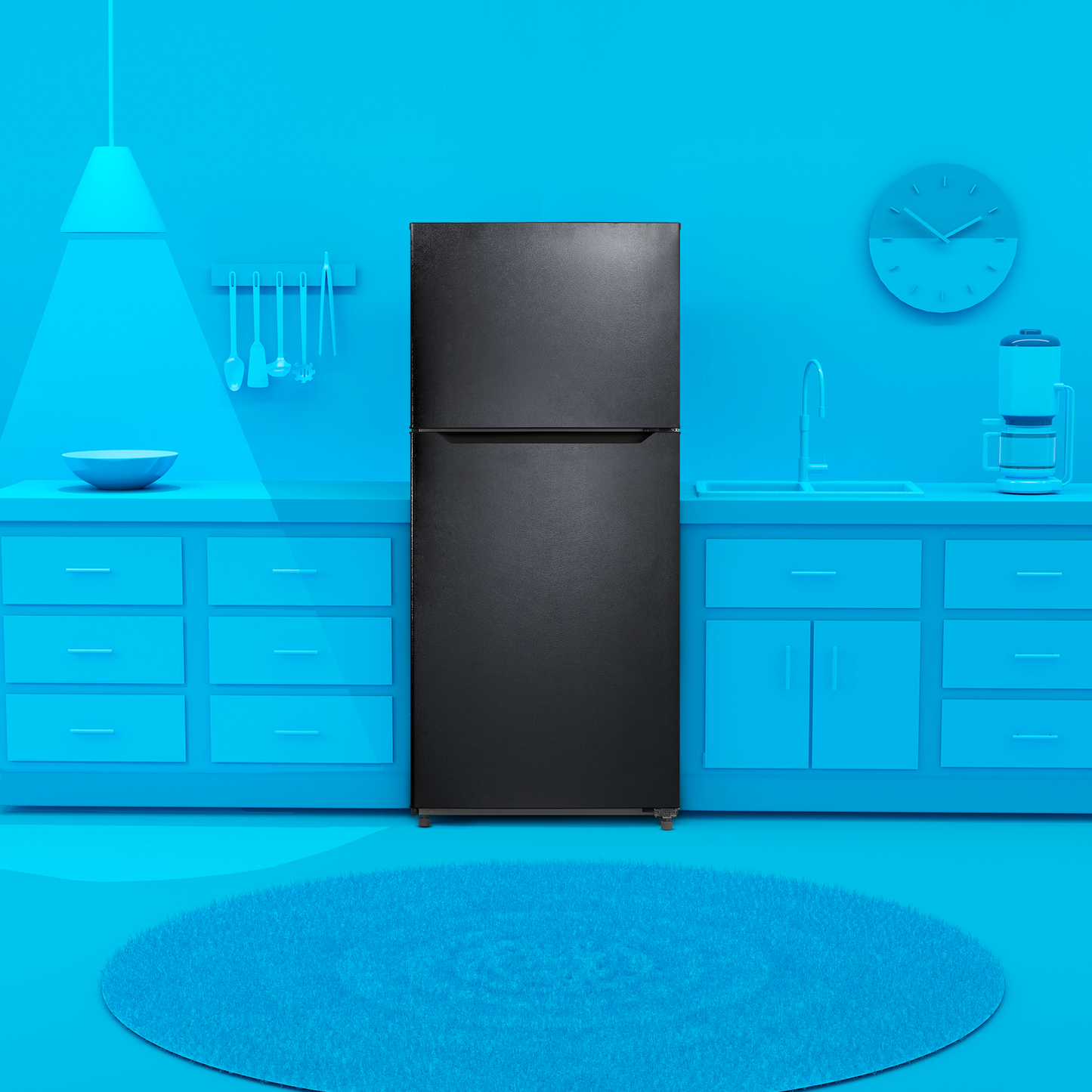Black top freezer refrigerator standing against blue kitchen backdrop with cabinets and appliances in appliances collection