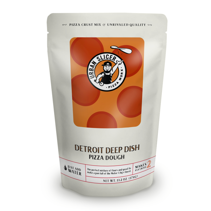Stand-up pouch of Urban Slicer Detroit style deep dish pizza dough mix for outdoor grilling and food collections