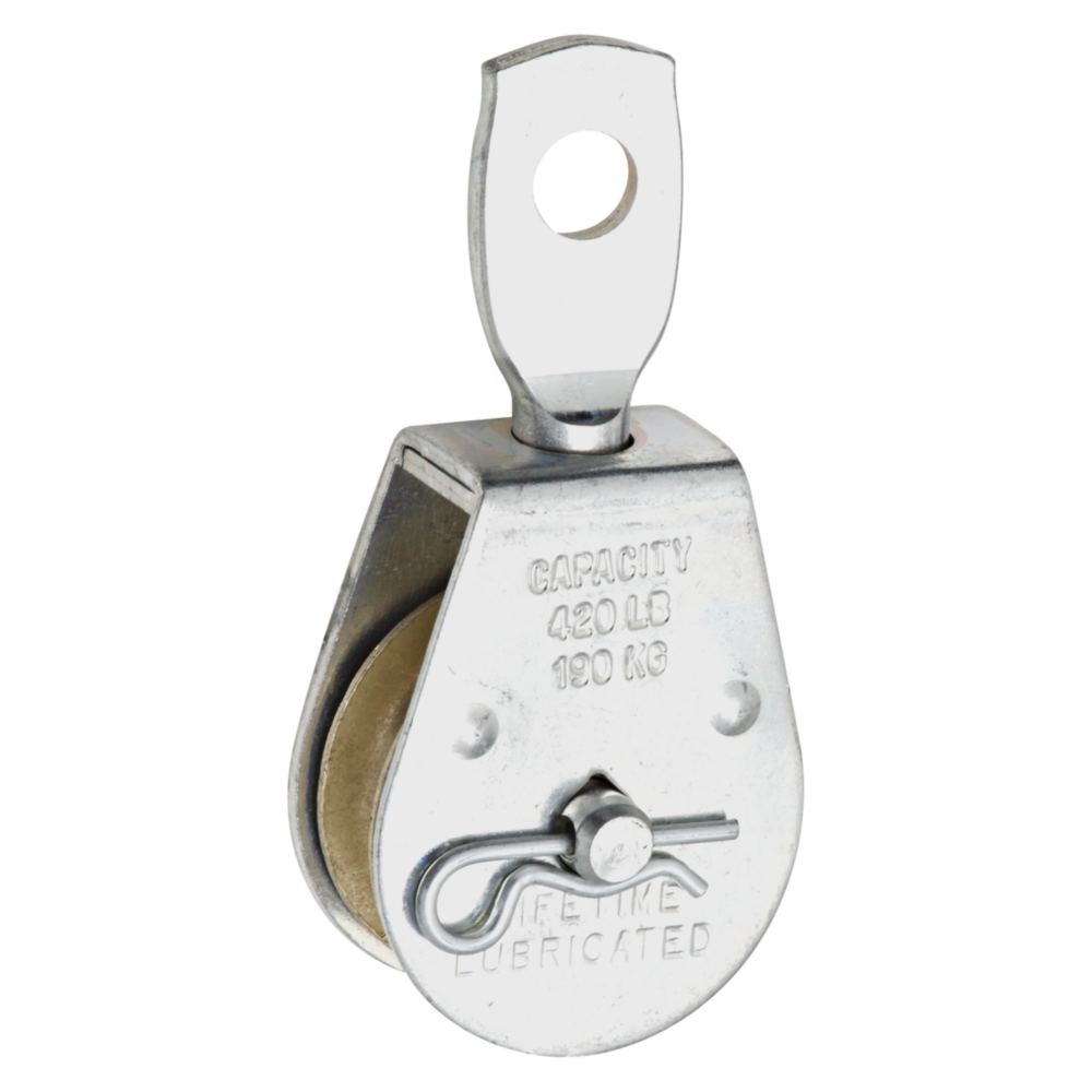 Steel swivel eye pulley with 1-1/2 inch diameter and 420 lb capacity for fasteners and home improvement tools collections