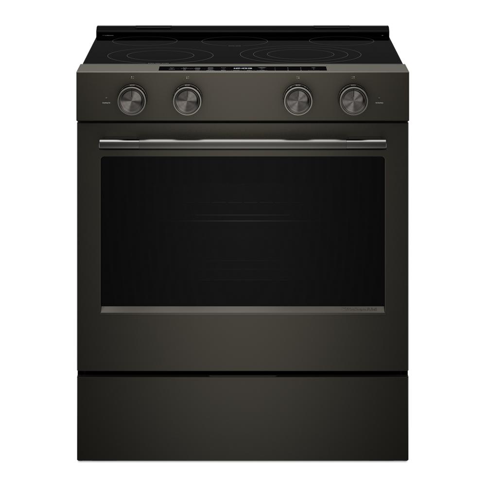 30-inch black smart slide-in electric range with four control knobs and smooth cooktop in KitchenAid appliances collection