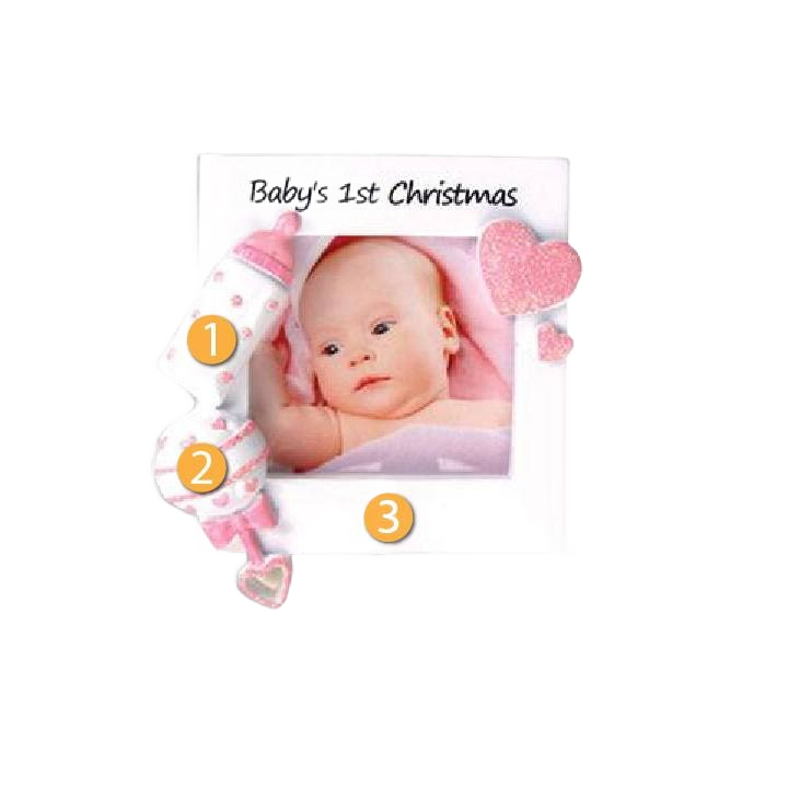 Square white frame ornament with sparkling pink baby bottle and heart accents for first Christmas celebration under $50 collection