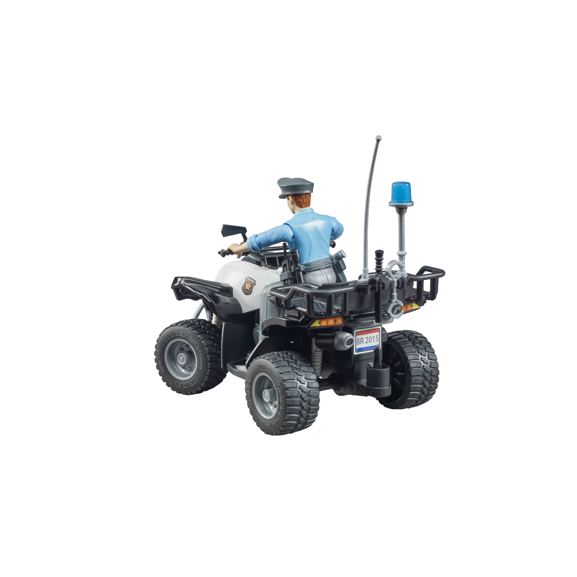 Black and white police quad toy with light skin officer figure and detailed accessories from Bruder Toys in Vehicles & Remote Controlled Toys collection