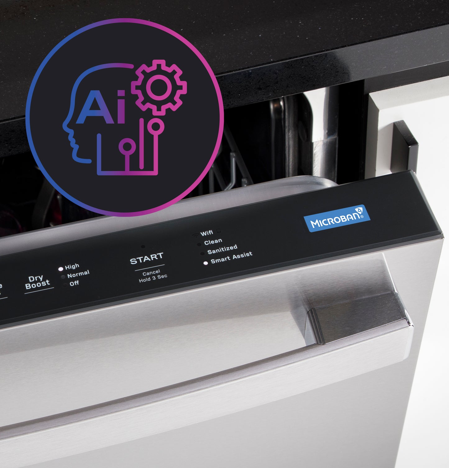 Close-up of stainless steel dishwasher door with digital control panel featuring Microban antimicrobial label and smart wash settings