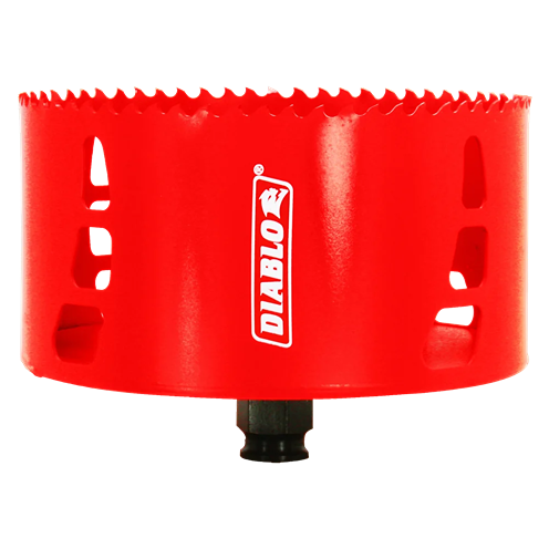 Red metal 5-inch hole saw with sharp teeth and Diablo logo for woodworking and home improvement tools collection