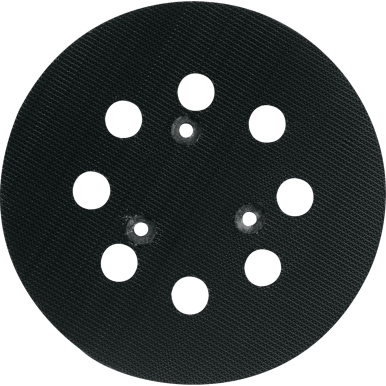 Black 5-inch round hook and loop backing pad with eight holes for dust extraction in Makita parts and tools under $50 collections