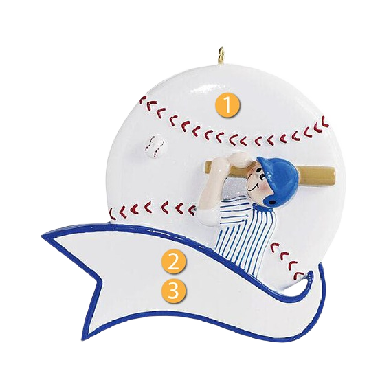 Personalized boy figurine swinging bat in front of large baseball for Christmas Ornaments & Tree Decorations collection