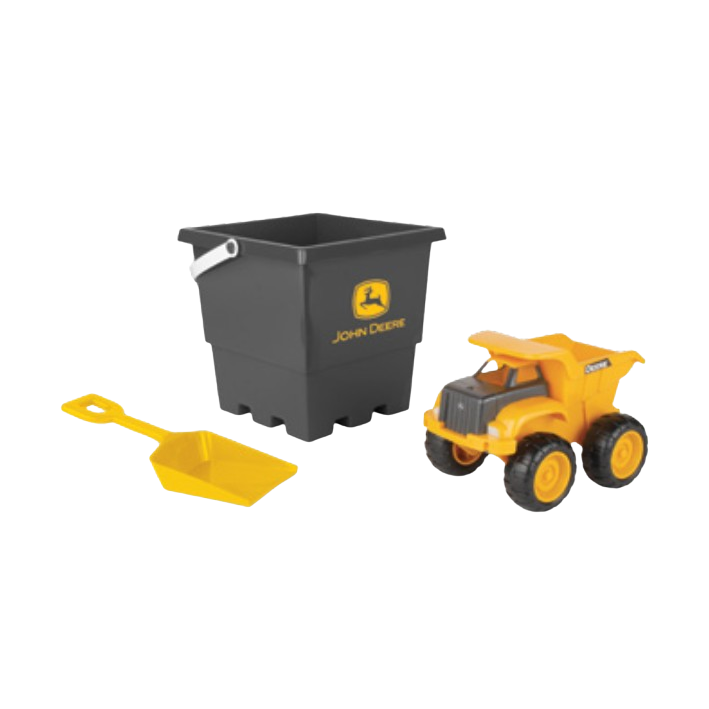 Yellow toy construction dump truck with detachable black bucket and small yellow shovel for play and home improvement themes
