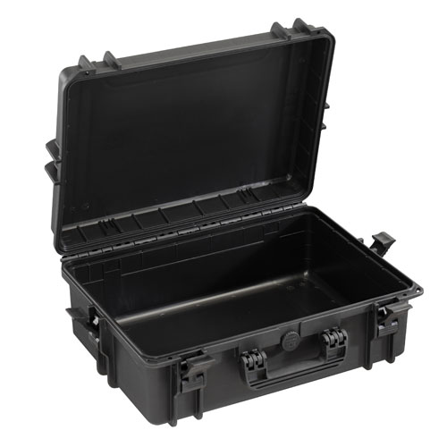 Black durable tool box with latches and handle for workshop organization and woodworking tools storage solution