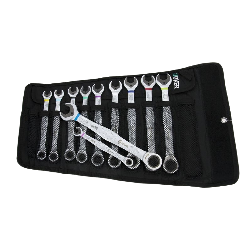 Set of metric combination wrenches with color-coded handles in a black pouch for organized tool storage and home improvement tasks
