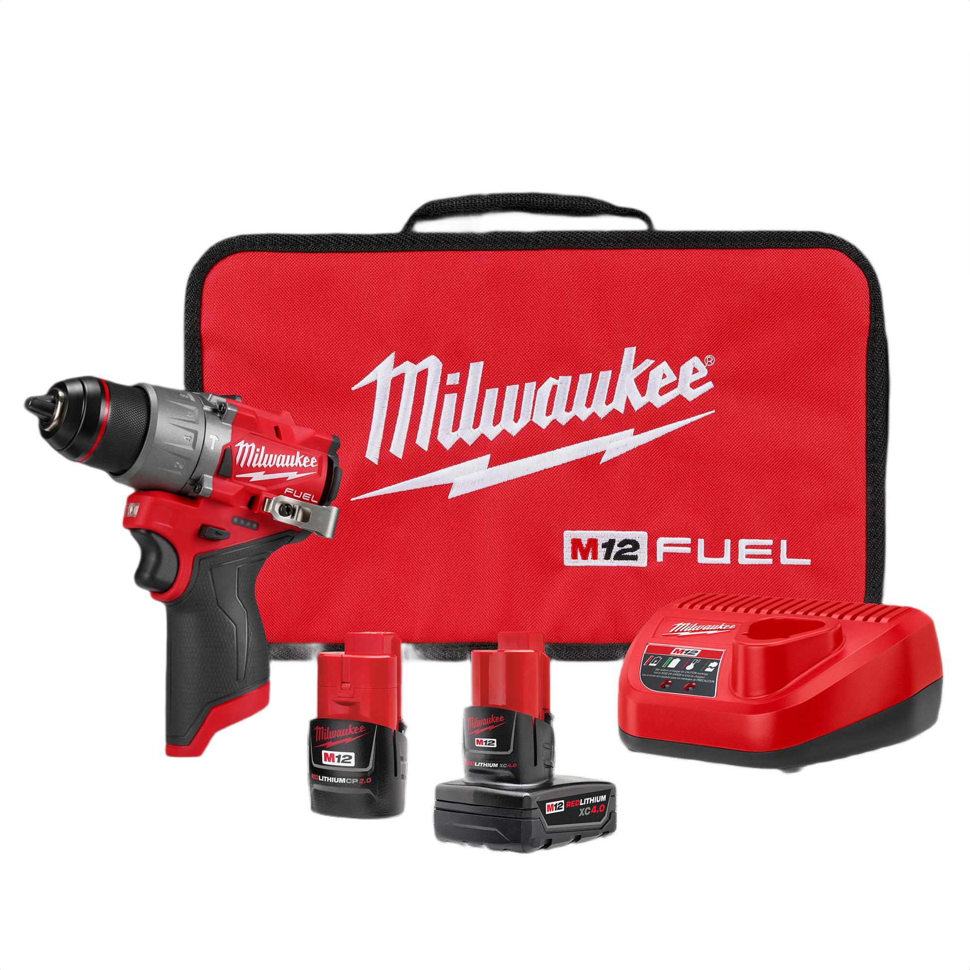 Cordless red and black hammer drill with two batteries, charger, and branded carrying case for home improvement projects