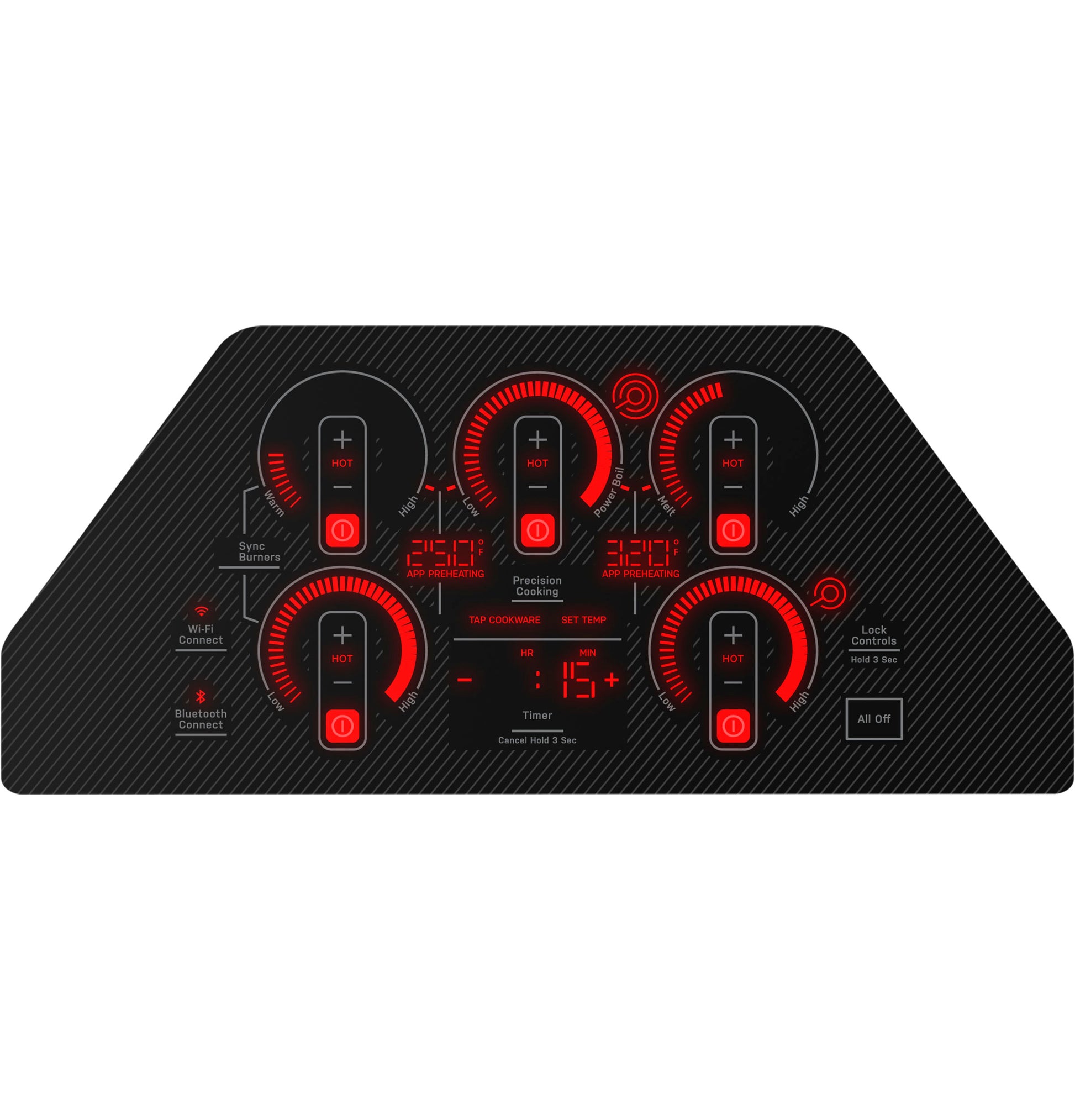 Touch control panel for black electric cooktop with timers, lock, Wi-Fi, and Bluetooth from electric cooktops collection