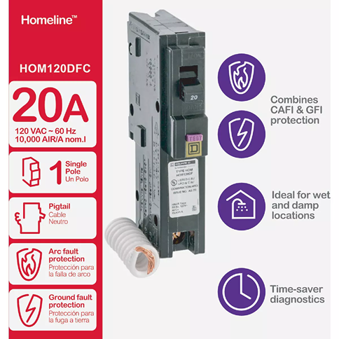 20 amp single-pole circuit breaker with pigtail wire for arc and ground fault protection in home improvement use