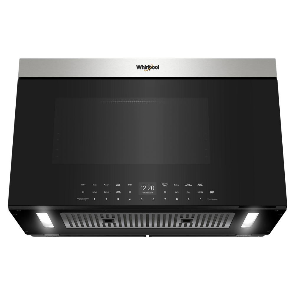 Overhead view of black and stainless steel air fry over-the-range microwave with digital controls in Kitchen & Appliances collections