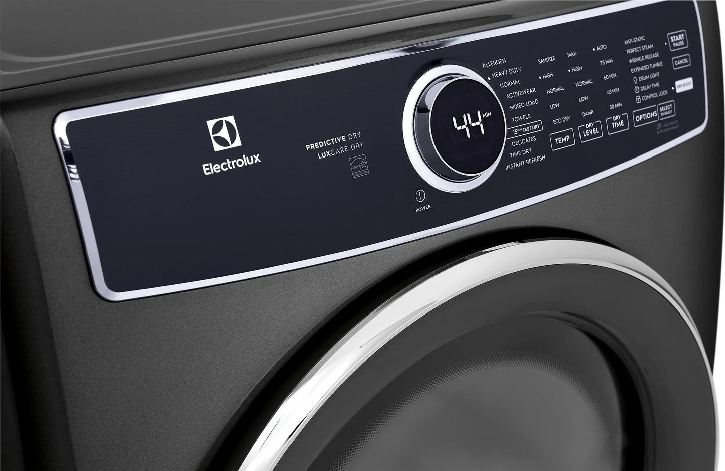 Close-up of dark gray Electrolux electric dryer control panel with digital display and cycle options from Dryers collection