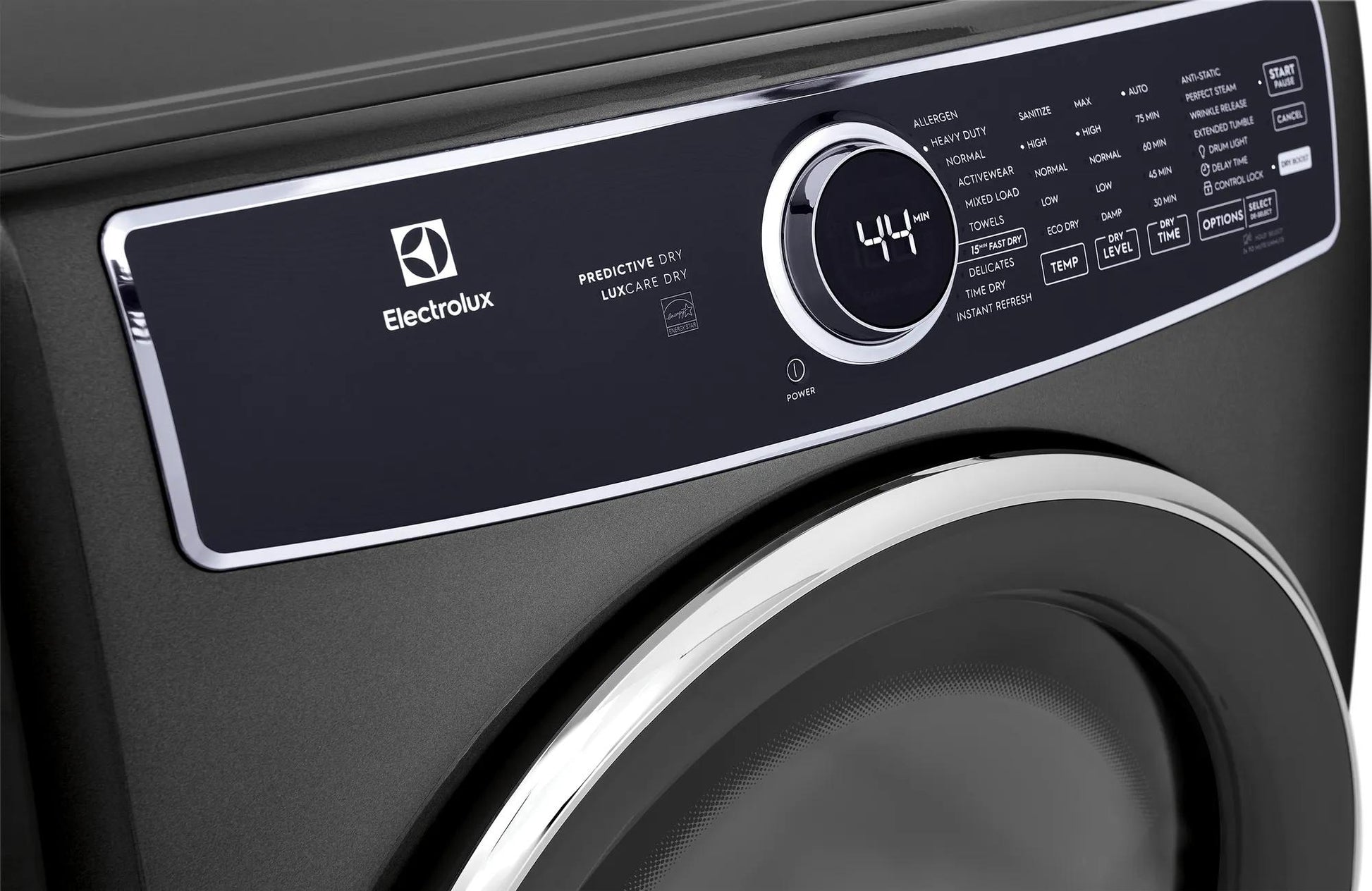 Close-up of dark gray Electrolux electric dryer control panel with digital display and cycle options from Dryers collection