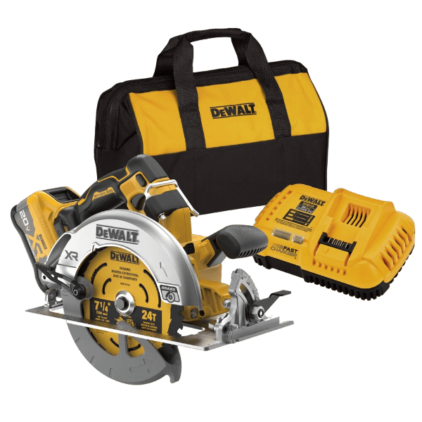 Cordless circular saw kit with brushless motor, battery charger, and branded carrying bag for home improvement projects