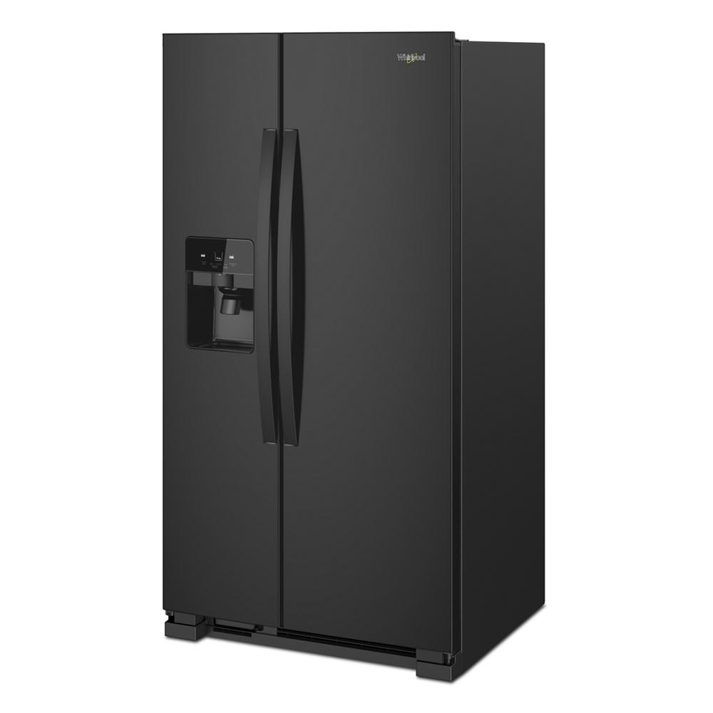 36-inch wide black side-by-side refrigerator with water dispenser and sleek handles in appliances collection
