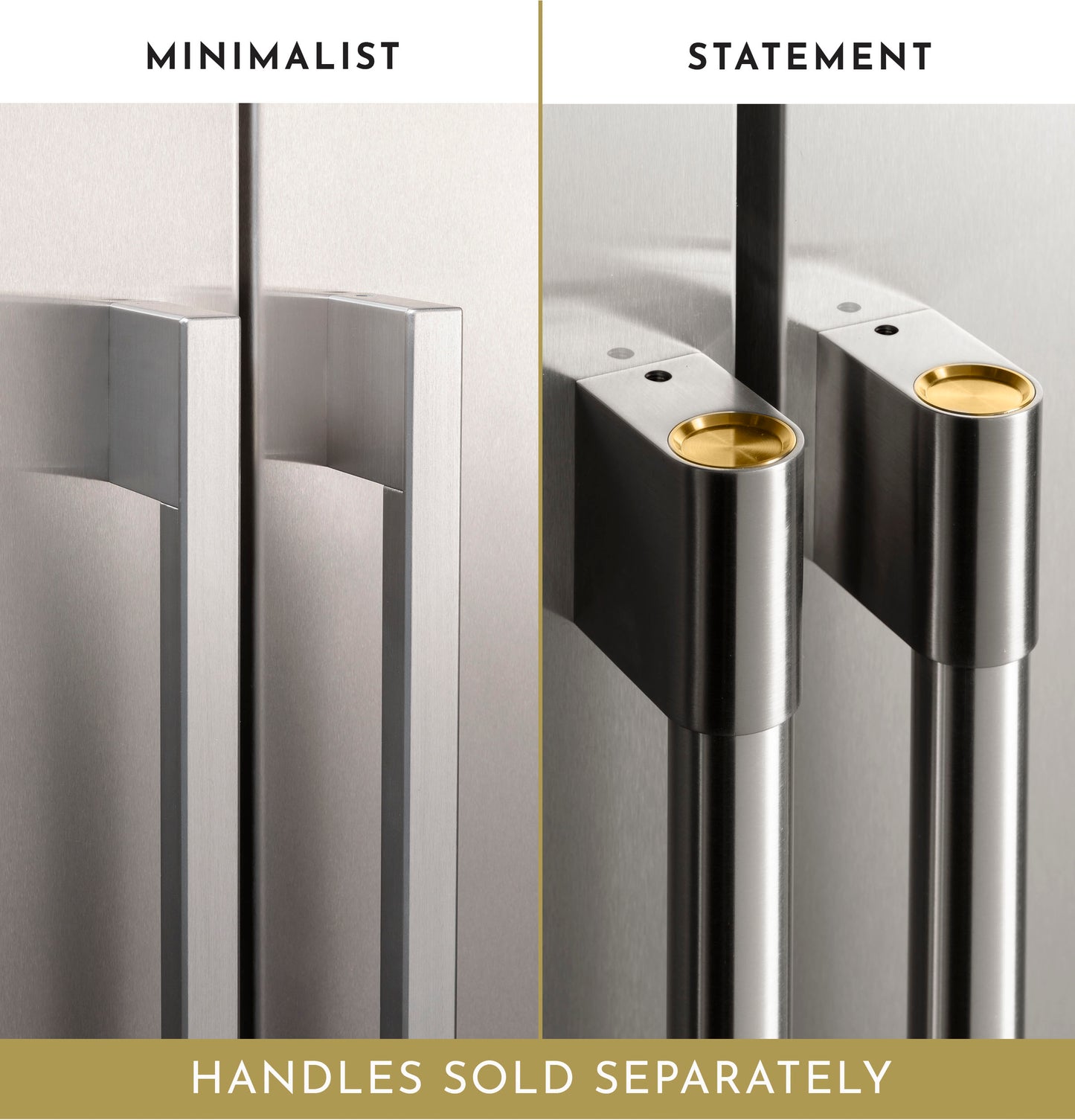 Close-up view of two stainless steel refrigerator handle designs emphasizing minimalist and statement styles from kitchen appliances collection