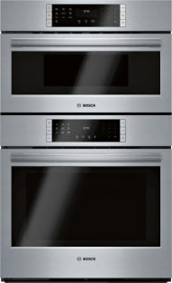 Stainless steel Bosch double wall oven with digital touchscreen controls, part of Wall Ovens and Kitchen Appliances collections