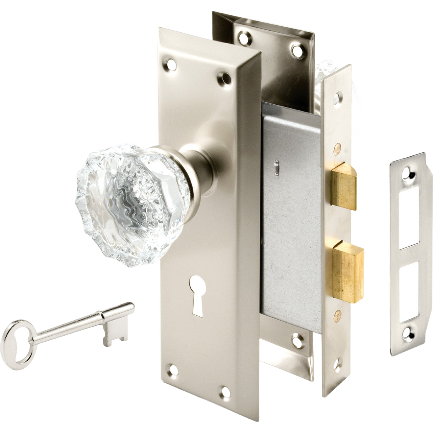Satin nickel keyed mortise lock with decorative glass knob and metal key in hardware and home improvement collections