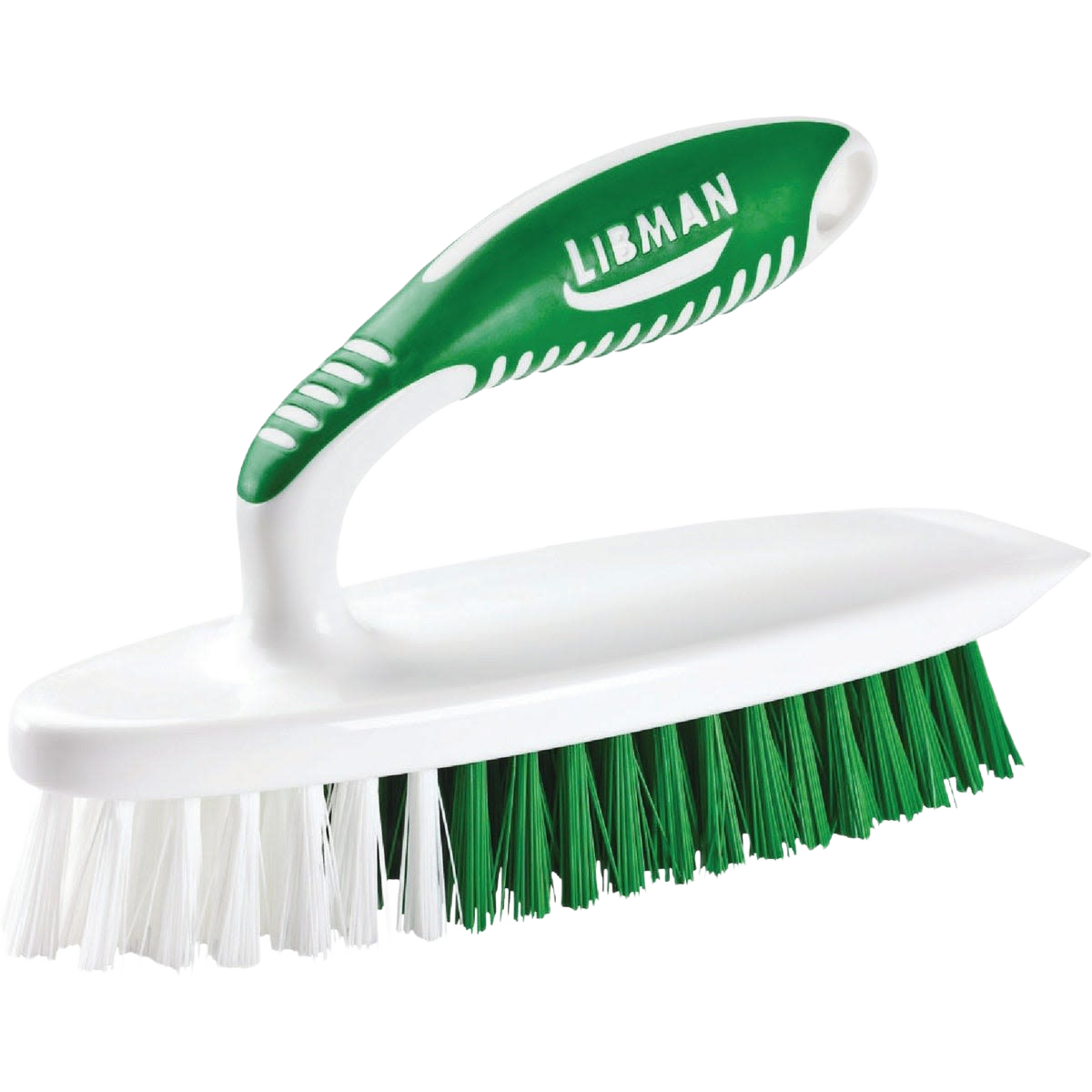 Cleaning brush with green and white polymer handle and dual-color Sanoprene bristles for household cleaning tasks