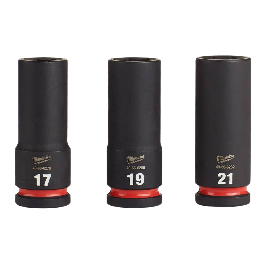 Set of three matte black metric deep sockets with red accent rings, designed for impact duty in hand tool collections under $50.