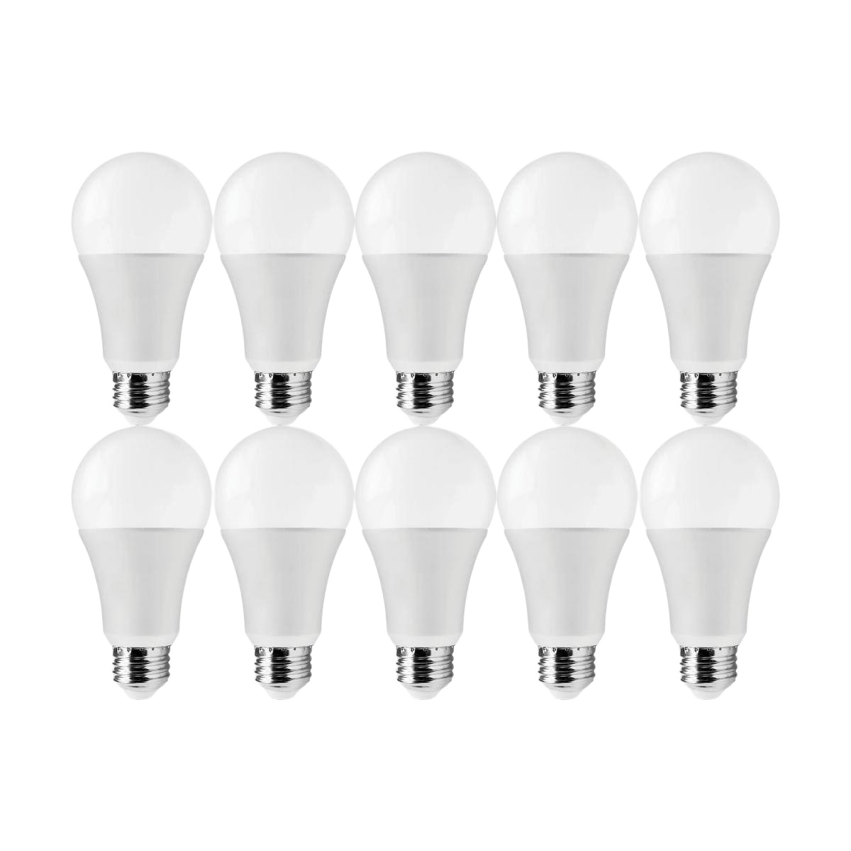 Pack of ten 14 watt A19 LED bulbs with medium base providing warm white light for home and office lighting needs