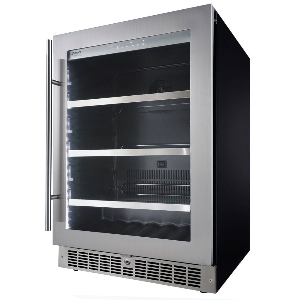 Stainless steel single-zone beverage center with glass door, adjustable shelves, and interior LED lighting in kitchenware collections