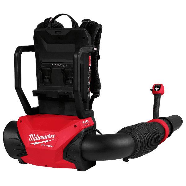 Red and black cordless backpack blower with ergonomic handle designed for outdoor home improvement tasks