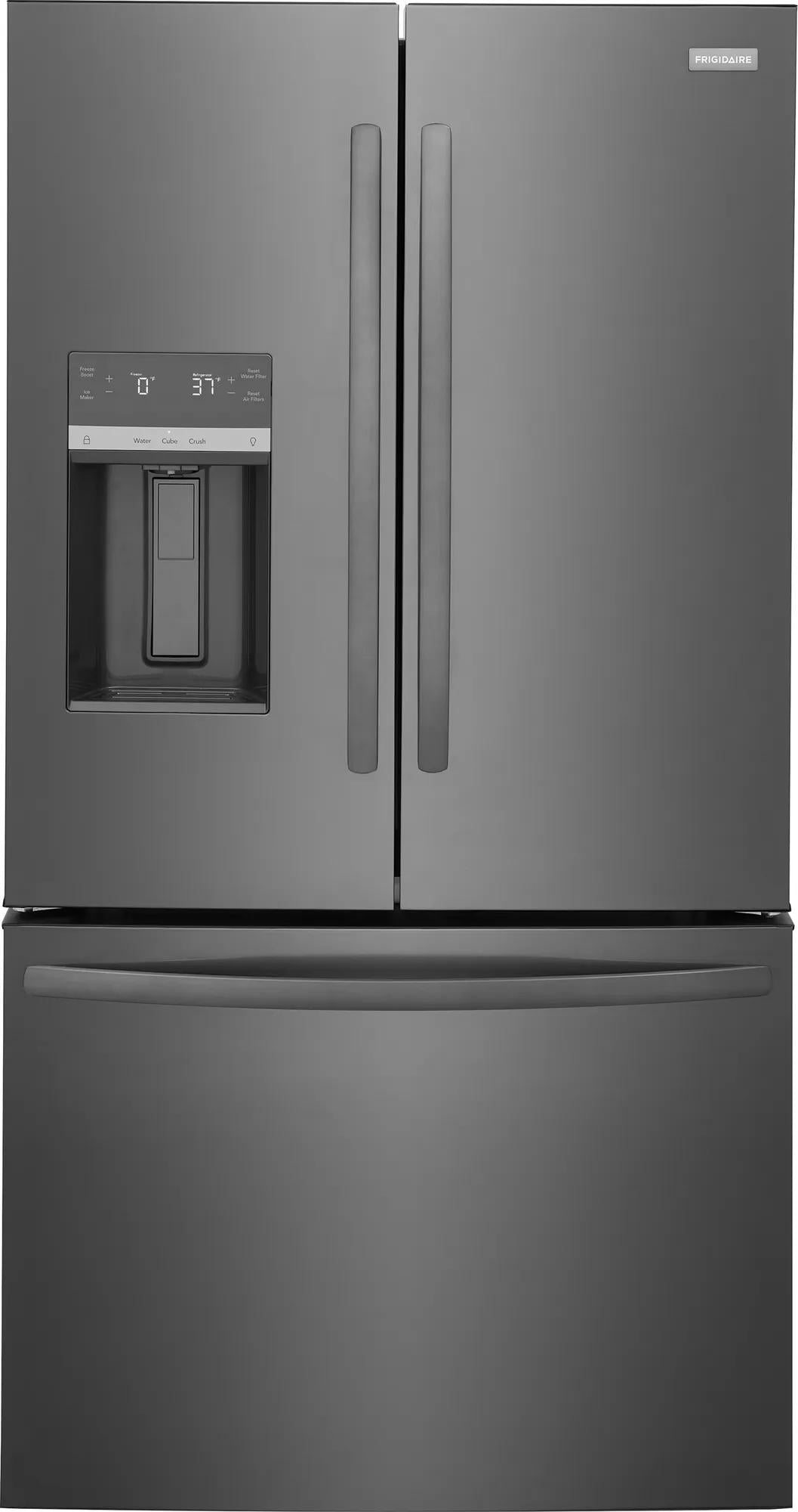 stainless steel French door refrigerator with external water dispenser and bottom freezer drawer in appliances collection