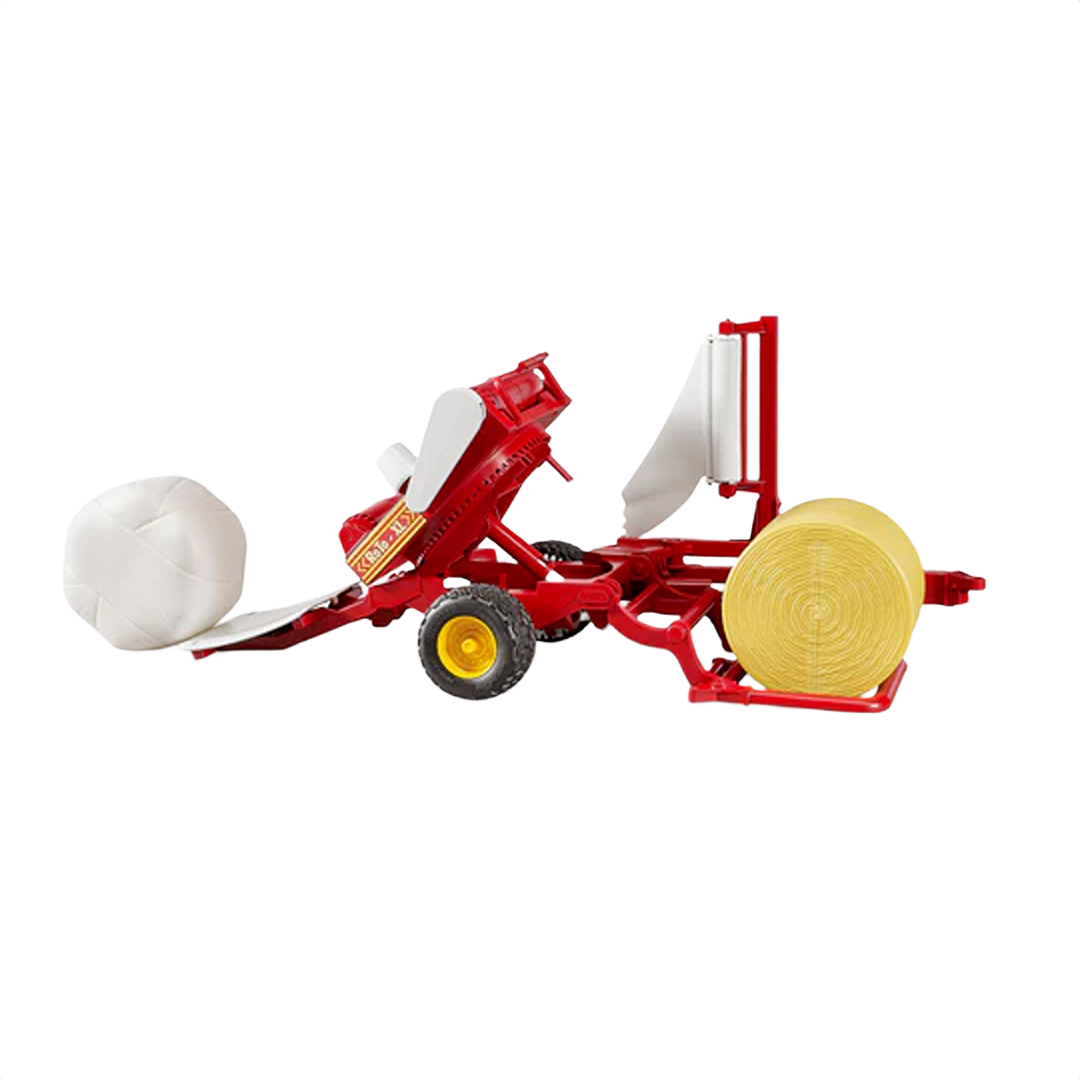Red bale wrapper model with wrapped yellow and unwrapped white bales for farm and agricultural tasks