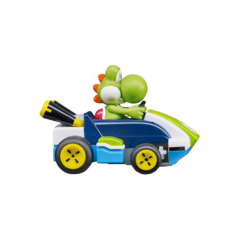 Green Yoshi figure seated in a blue and white mini remote control kart with yellow wheels and detailed design
