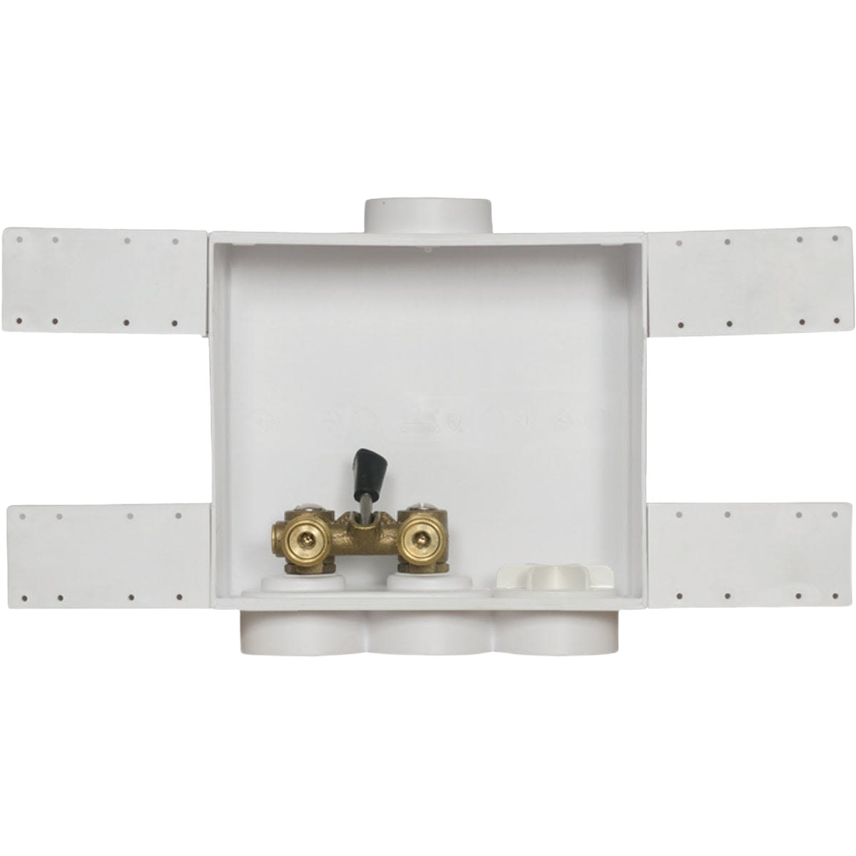 White plastic washing machine outlet box with brass valves and adjustable mounting brackets for home improvement use