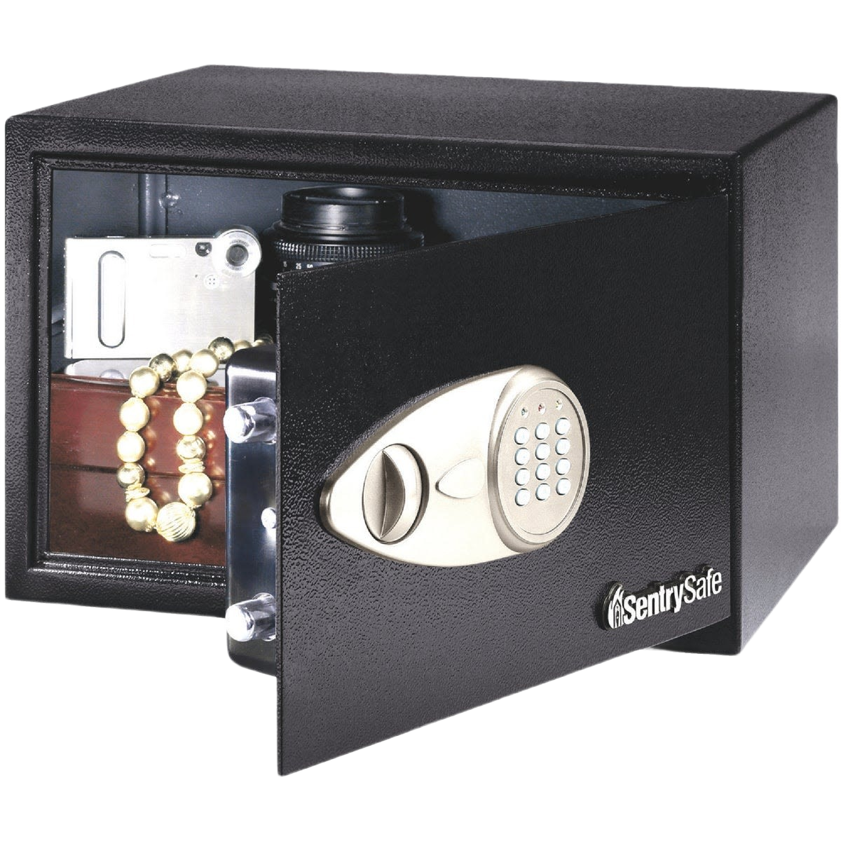 Black electronic lock safe with pry-resistant steel door, storing valuables, for hardware and home improvement collections