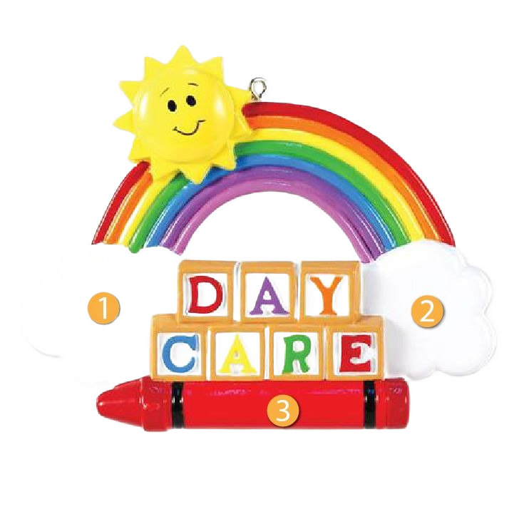 Colorful daycare ornament featuring smiling sun, rainbow, clouds, blocks spelling daycare, and red crayon for Christmas tree décor