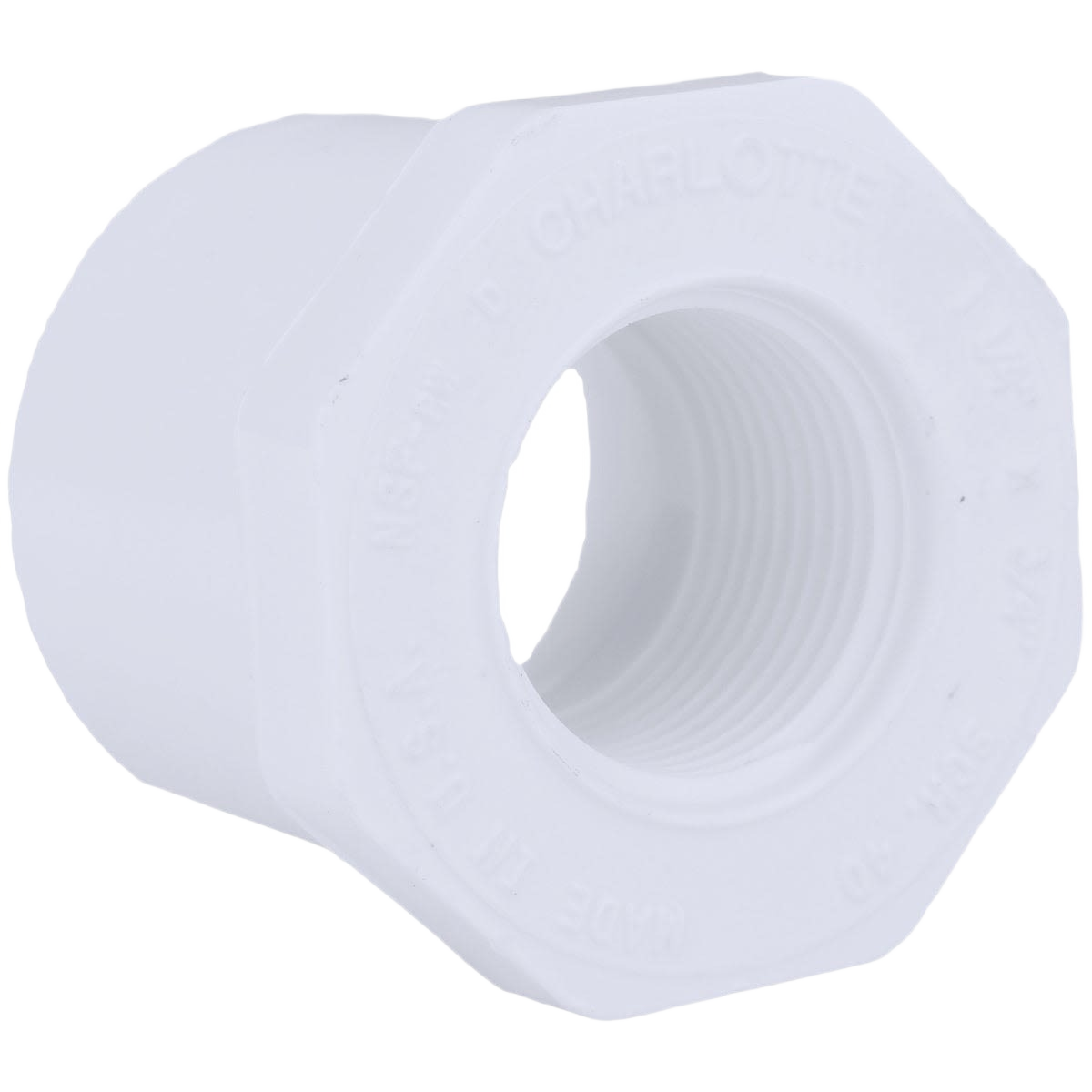 White PVC threaded pipe bushing for plumbing connections in Pipes & Fittings and Home Improvement collections under $50