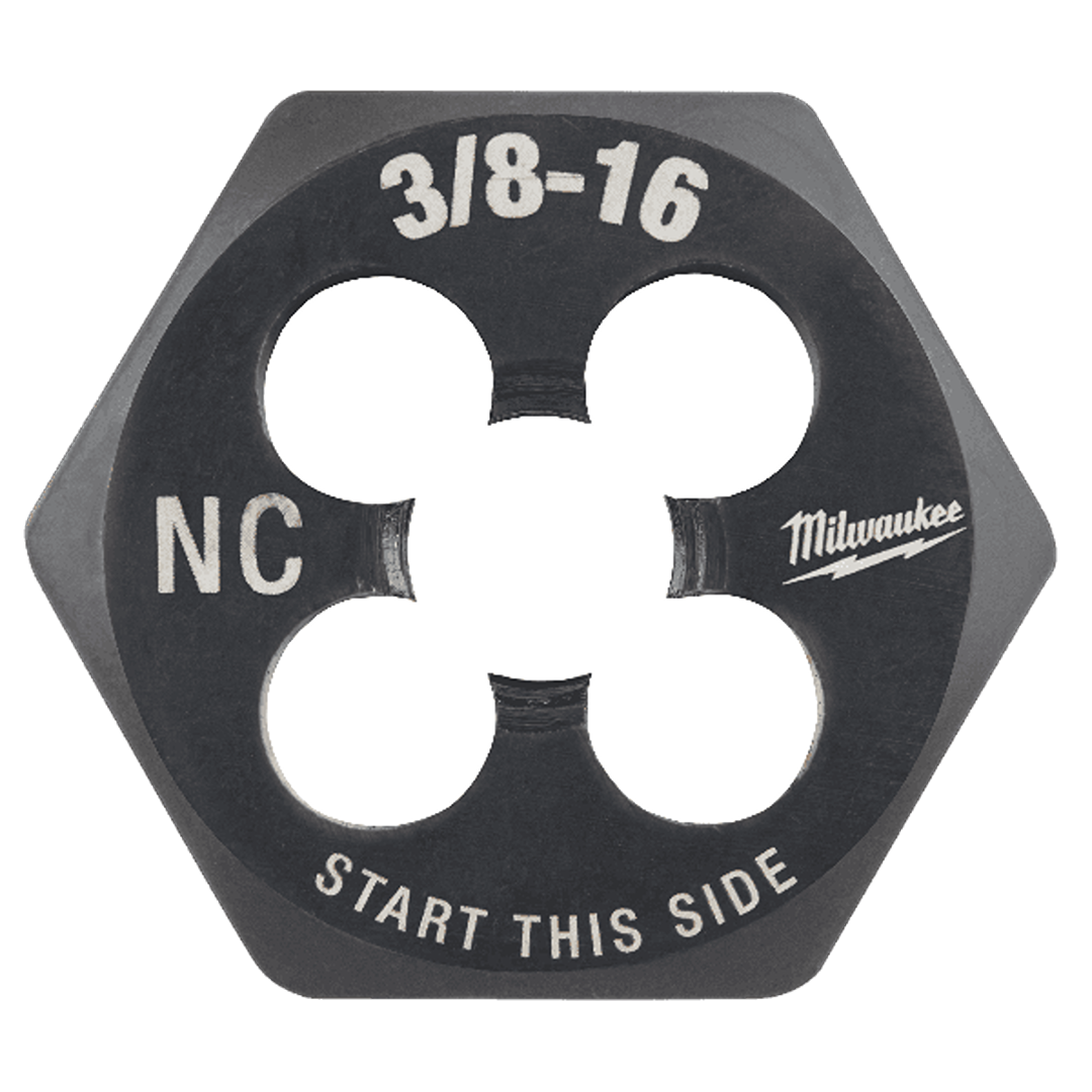 Hexagonal threading die with 3/8-16 NC size and laser-etched markings for precise tool accessory use under $50 collection