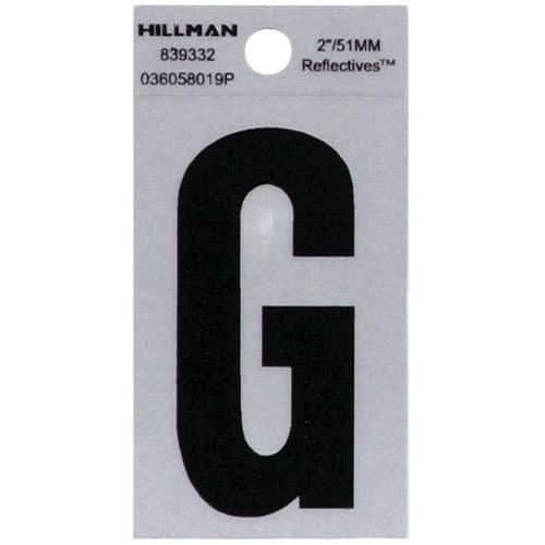 Black reflective Mylar letter G sticker on white backing, part of Hillman hardware collection under $50 for home improvement.