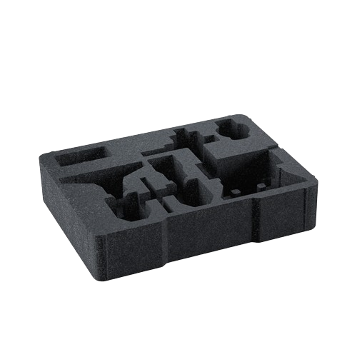 Black foam storage insert with custom cutouts designed for organizing hand tools in home improvement settings