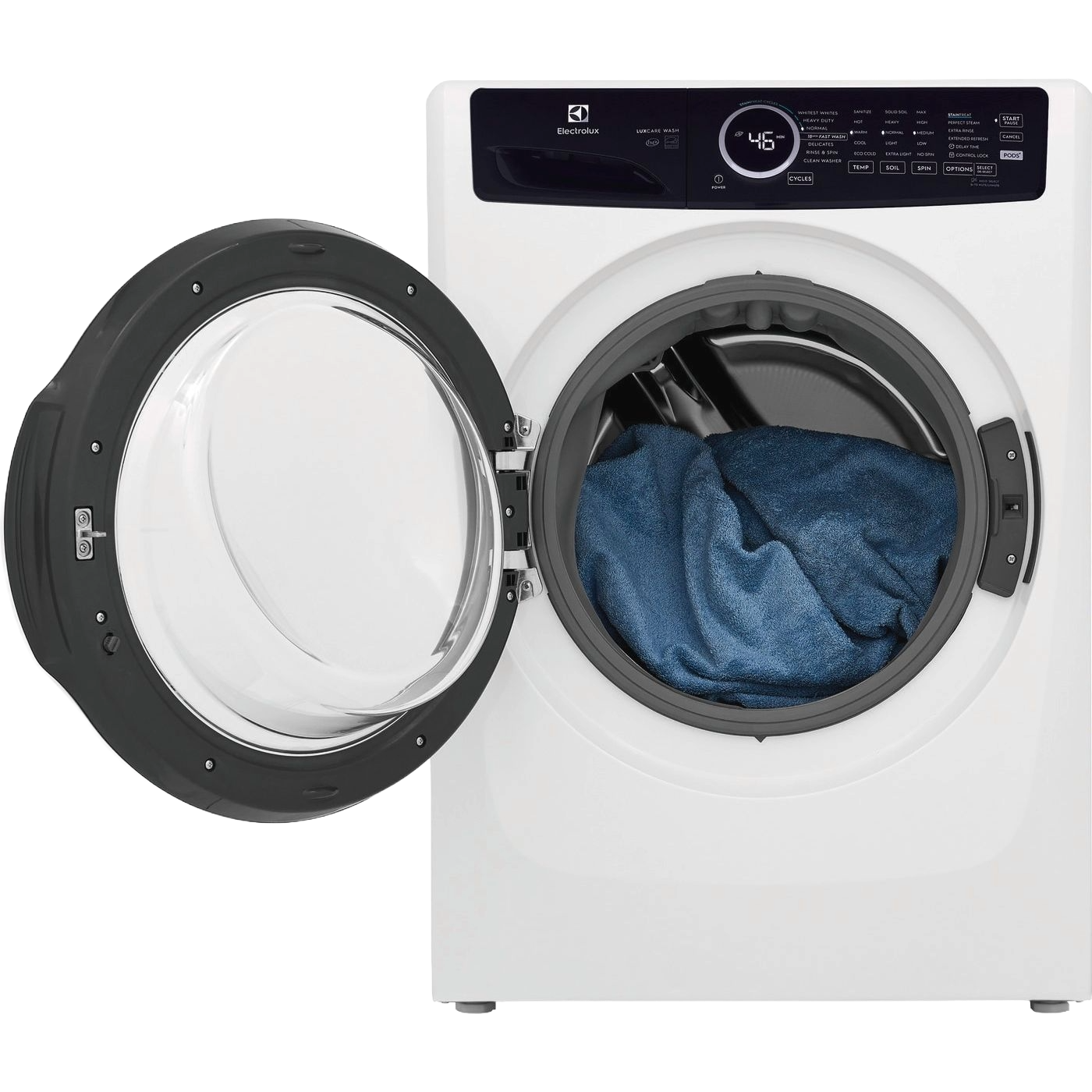 White front load washer with open door revealing blue fabric inside, featuring digital control panel and steam cleaning technology