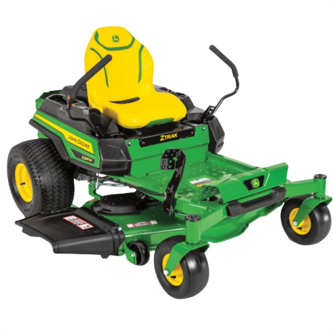Green and yellow zero-turn mower with 48-inch deck and ergonomic controls for efficient lawn care tasks and home improvement use