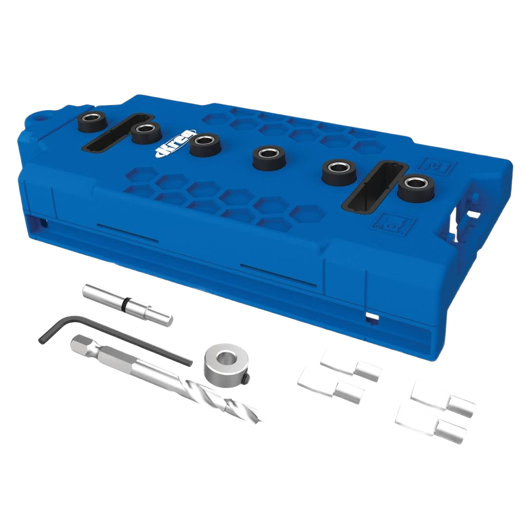 Blue plastic shelf pin jig with 5mm drill bit and metal accessories for woodworking tool accessories under $100