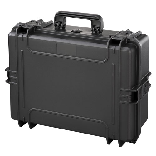 Durable black tool storage case with secure latches and handle for workshop organization and woodworking tools.