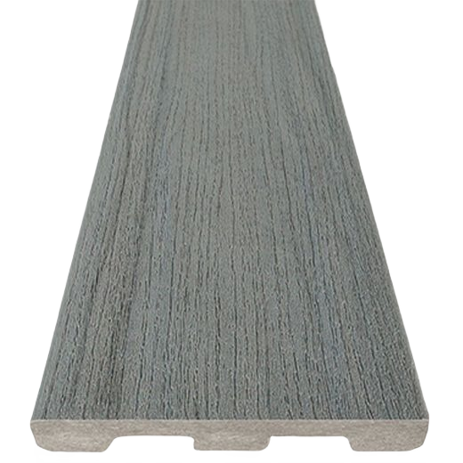 Grooved composite decking board in sea salt gray with textured surface for durable outdoor home improvement projects