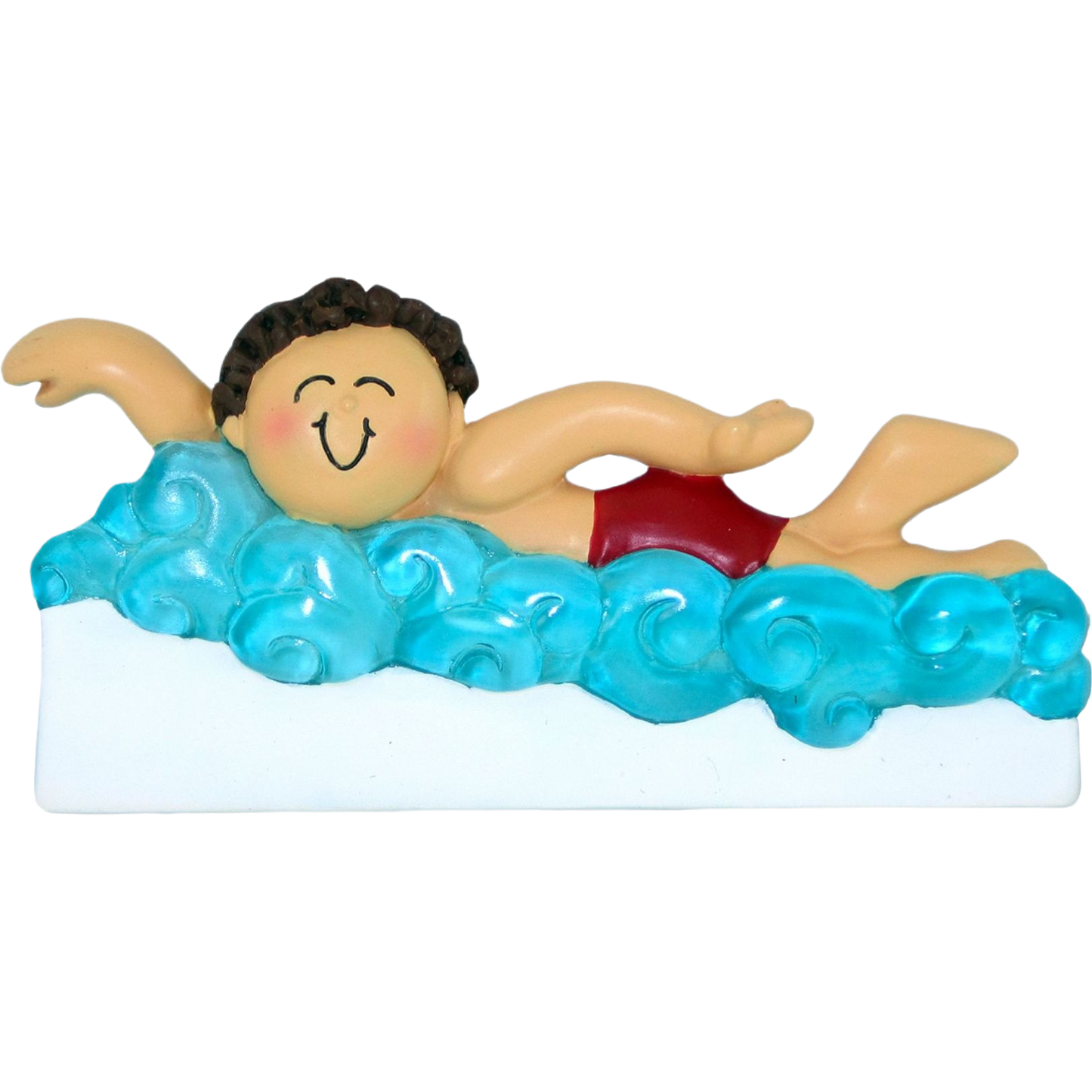 Charming brunette male swimmer figurine in red trunks swimming through stylized blue waves for Christmas tree decoration under $50 collection