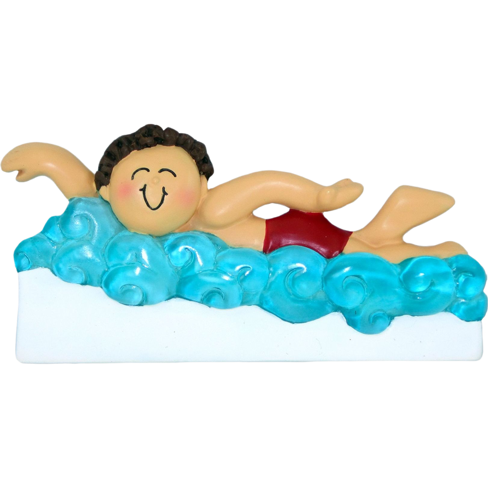 Charming brunette male swimmer figurine in red trunks swimming through stylized blue waves for Christmas tree decoration under $50 collection