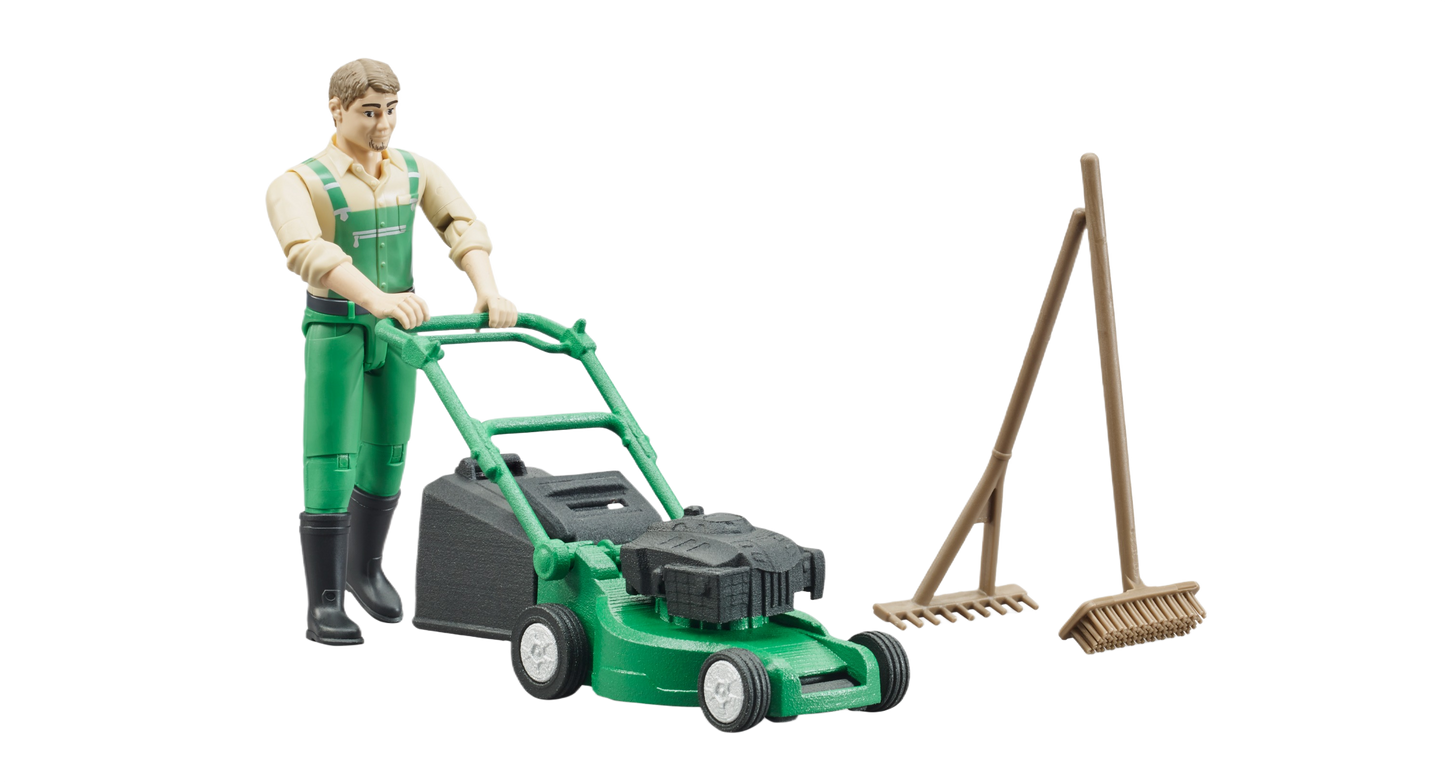 Figure in dungarees pushing green lawn mower with brown gardening rakes in toys and games under $50 collection