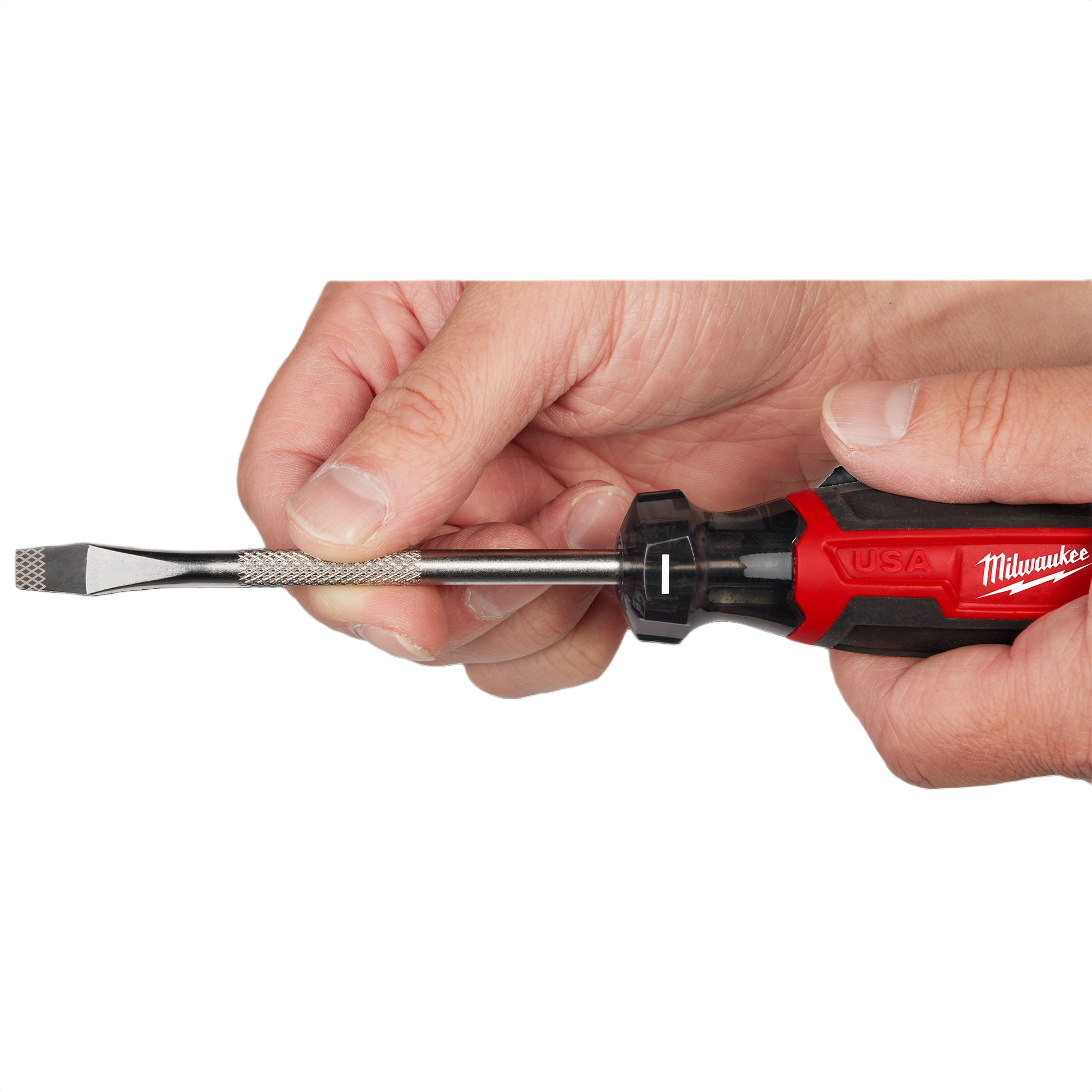 Hand gripping red and black Milwaukee screwdriver with textured shank and flathead tip for home improvement tasks